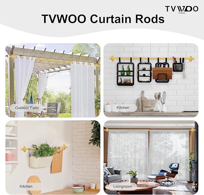 TVWOO Gold Wrap Around Curtain Rods:5/8" Small Blackout Adjustable Window Curtain Rod for Bedroom Kitchen Apartment Renter Friendly,Room Darkening Curved Drapery Rods Easy Install,Brass Golden 36-72"