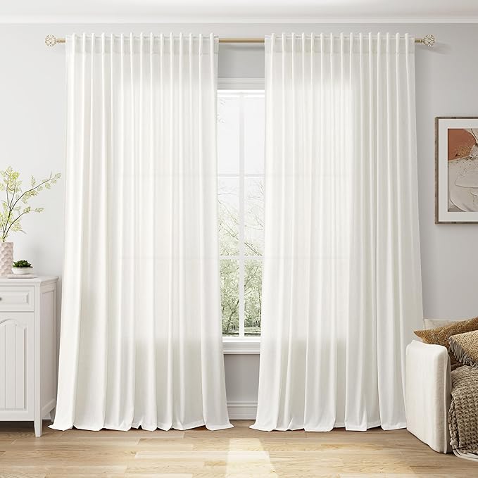 Nanspring Beige White Extra Wide Linen Curtains for Living Room Bedroom Light Filtering Semi Sheer Curtains for Sliding Door Coastal Decor Floor to Ceiling Window Extra Long Curtain 100x120