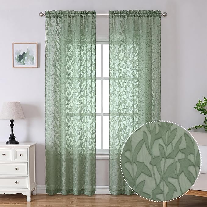 Lecloud Leia 2 Panels Sheer Sage Green Curtains 96 Inches Long, Patio Door/French Door/Living Room Curtain with Leaves, Jacquard Texture Bedroom Drapes Dual Rod Pockets Window Treatment, 38x96 Inch