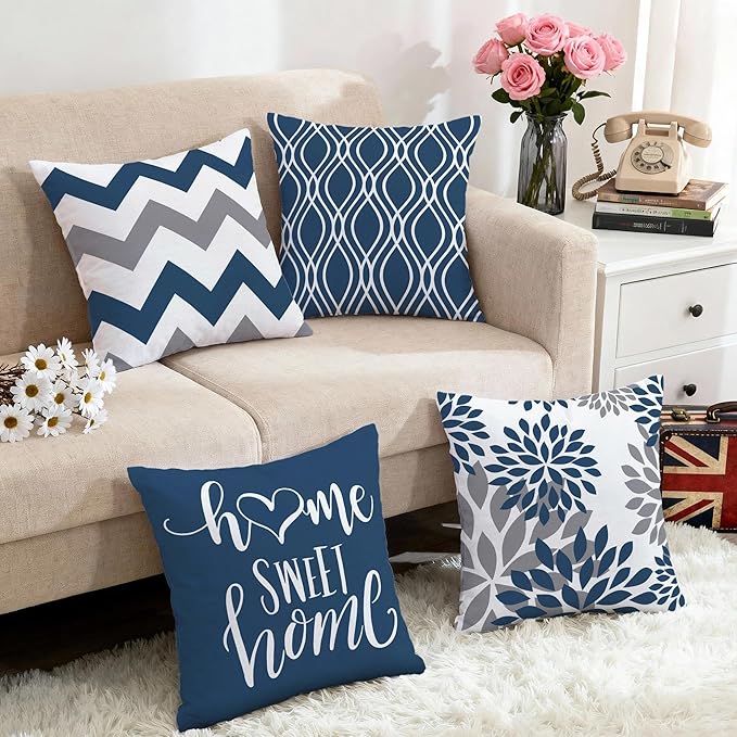 Hexagram Geometric Blue Pillow Covers 18x18 Set of 4, Decorative Outdoor Boho Modern Throw Pillow Covers, Home Sweet Home Farmhouse Cushion Case for Couch Sofa Bedroom Indoor Decor(No Insert)