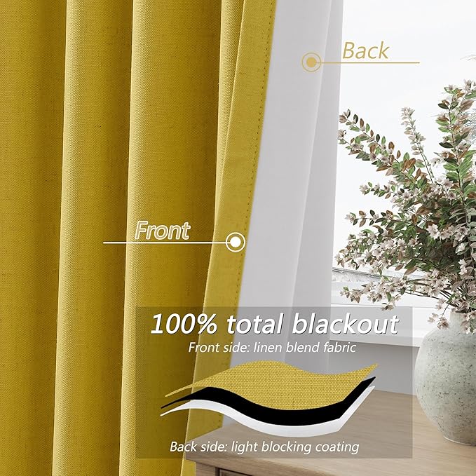 Guken 100% Blackout Curtains 96 Inch Length 2 Panels Set for Living Room Bedroom Back Tab Thermal Insulated Black Out Linen Drapes Room Darkening Celery Yellow,52x96