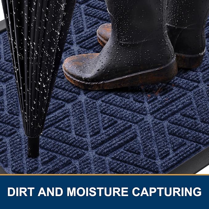 Smiry Front Door Mat Outside Entrance, Heavy Duty Sturdy Natural Rubber Doormat, Trap Dirt and Moisture, Easy Clean Low Profile Mats for Indoor Outdoor Entry, Grid Geometric (59x34, Navy Blue)