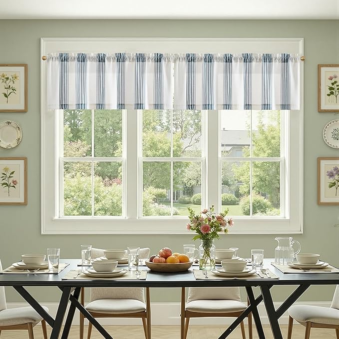 jinchan Striped Linen Valance Curtain 16 Inch Vertical Striped Valance for Kitchen Bathroom Light Filtering Rod Pocket Cottagecore Farmhouse Semi Sheer Short Window Curtain 1 Panel Blue