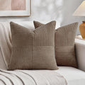 Fancy Homi Set of 2, Light Brown Patchwork Corduroy Decorative Soft Striped Modern Accent Cushion Case Farmhouse Boho Neutral Throw Pillow Covers for Chair Couch Bed Sofa Living Room 12x12 Inch
