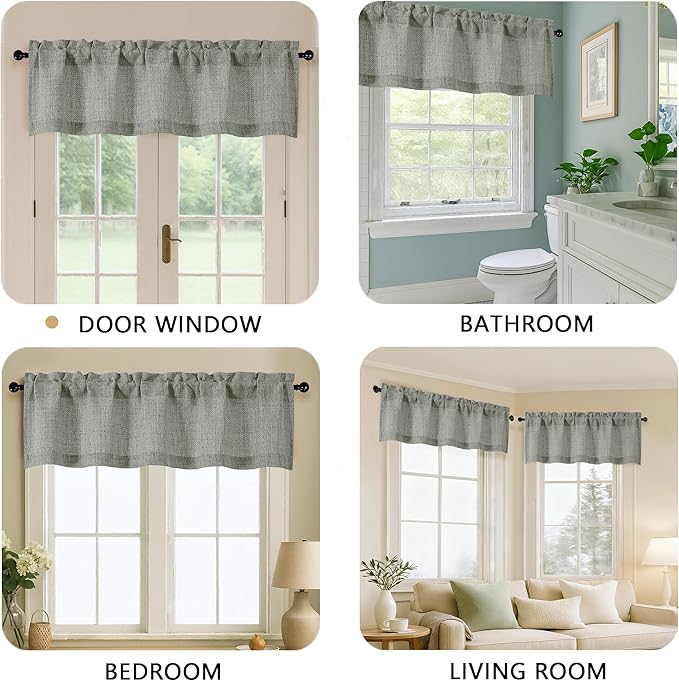 OVZME Valance for Windows, Light Filtering Faux Linen Textured Small Short Valance Kitchen Curtain, Dual Rod Pocket Top Short Window Curtain for Bathroom Basement Farmhouse, 52Wx14L Inch, Dark Grey