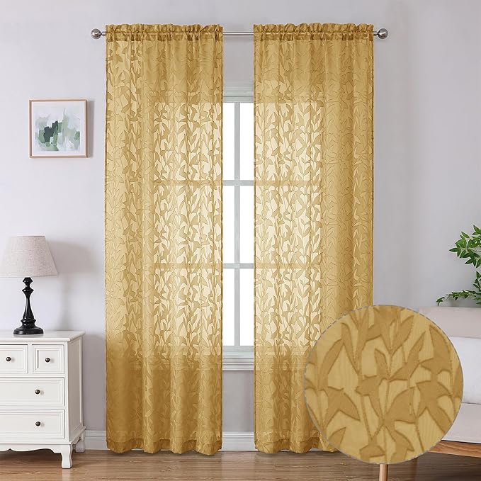 Lecloud Leia Dark Gold Sheer Curtains 96 Inches Long 2 Panels, Jacquard Leaf Textured Curtains for French Windows with Rod Pockets, Farmhouse Living Room Bedroom Window Treatments, 40 W x 96 L