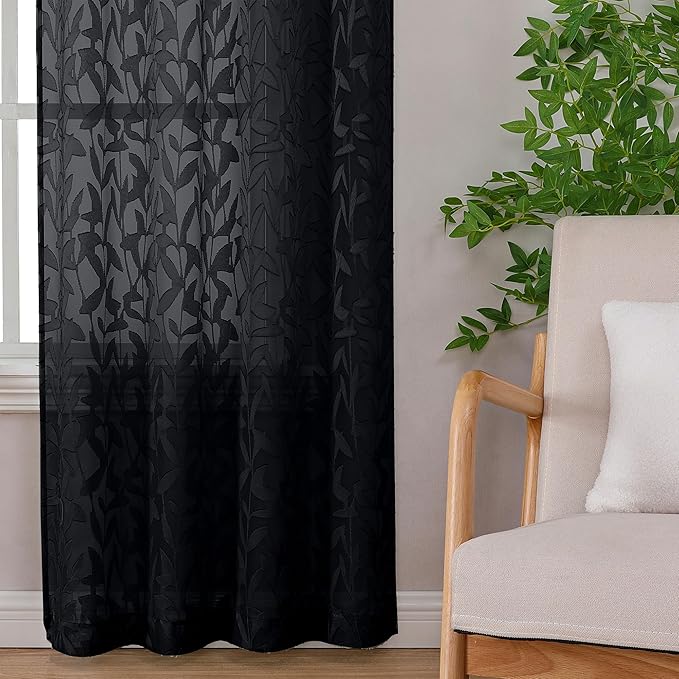 Lecloud Leia Black Valances Sheer Cafe Curtains 24 Inch Length 2 Pieces, Jacquard Textured Leaf Voile Kitchen Curtain Tiers with Dual Rod Pockets, Clip Farmhouse Bedroom Living Room Valance, 38W x 24L
