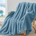 BEDELITE Fleece Throw Blanket for Couch - 300GSM Soft & Warm Fluffy Light Blue Blanket, Decorative and Giftable Striped Blankets for Women, Men, 50"x70"