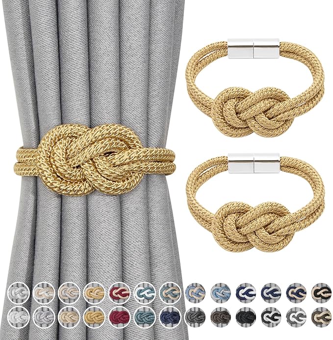 NICEEC 2 Pack Mini Magnetic Curtain Tiebacks Nordic Simple Style Drape Tie Backs Elegant Hand Weave Rope Knot Decorative Curtain Holdbacks for Home & Office Thin Window Drapery (Gold)