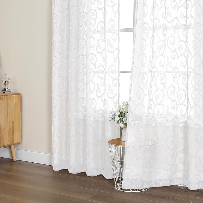 OWENIE Furman Extra Long Sheer White Curtains 96 inches Long for Bedroom Living Room 2 Panels Set, Light Filtering Soft Semi Sheer Jacquard Clip Farmhouse Curtains Rod Pocket Design, 40Wx96L inch