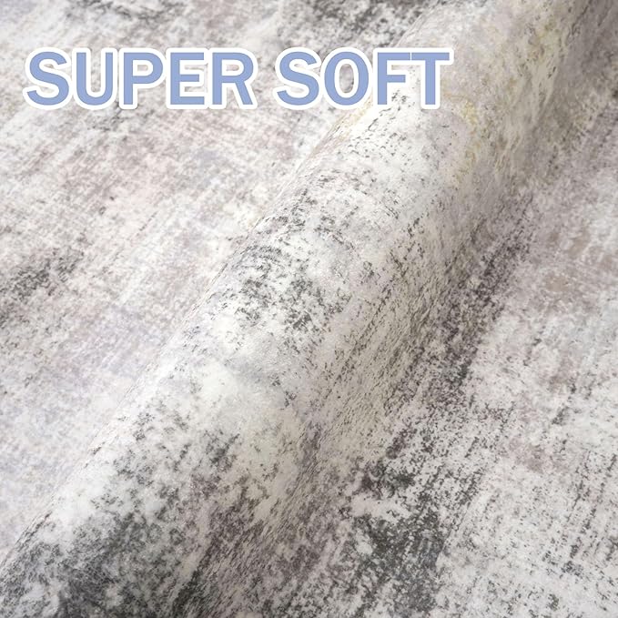 IOHOUZE Abstract Runner Rug 2x6 Ft Washable Runners for Hallways, Non Slip Kitchen Runner Printed Faux Wool Entryway Runner Indoor, Modern Abstract Floor Carpet for Hall Kitchen Bedroom, Grey Beige