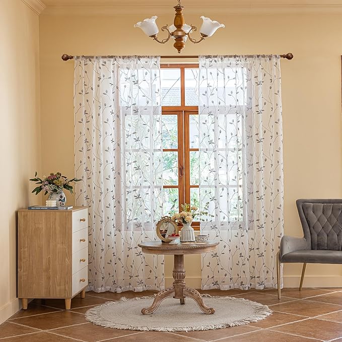 AmHoo 2 Panels Embroidered Leaf Pattern Semi Sheer Curtains Foliage Floral Voile Window Draperies Treatment for Bedroom Living Room Rod Pocket White Light Gray 53 x 95 Inch