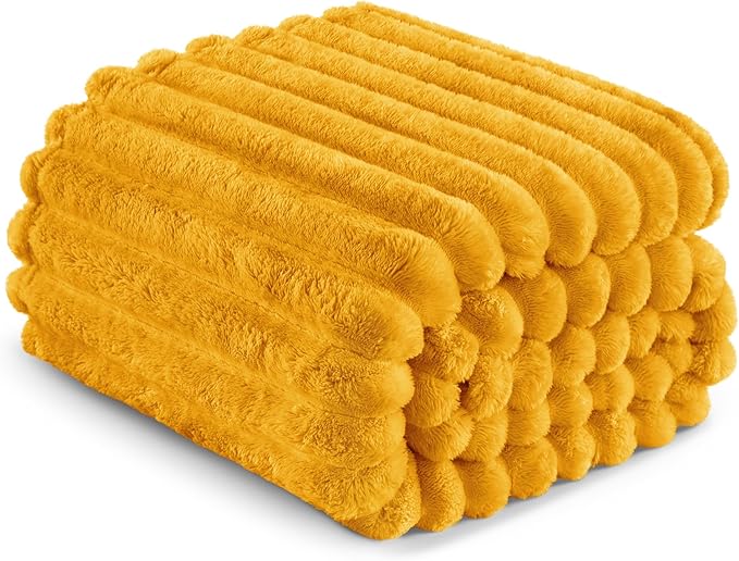 Exclusivo Mezcla Twin Size Flannel Fleece Blanket, Super Soft Striped Jacquard Bed Blanket, Lightweight Fuzzy Cozy for All Seasons, 60x80 Inches, Mustard Yellow