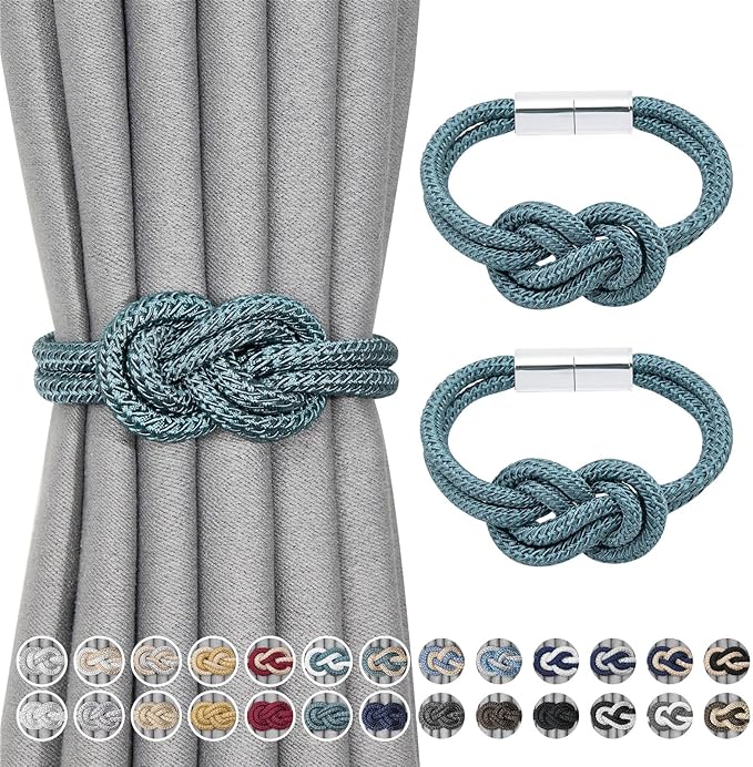 NICEEC 2 Pack Mini Magnetic Curtain Tiebacks Nordic Simple Style Drape Tie Backs Elegant Hand Weave Rope Knot Decorative Curtain Holdbacks for Home & Office Thin Window Drapery (Teal)