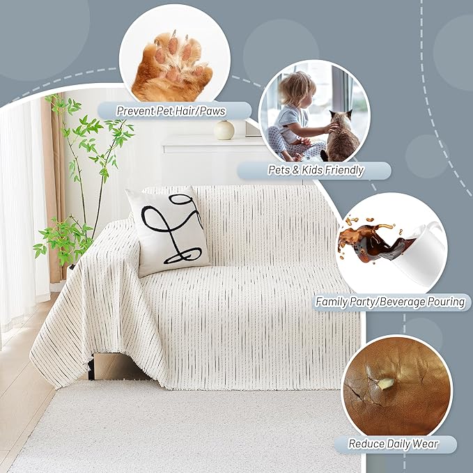 MYSKY HOME Couch Cover for Dogs, Sectional Couch Cover, Beige Lines Sofa Covers for Sectional Sofa L Shape Chenille Couch Protector for Dogs Pets Couch Covers Washable Soft Throw, 71"X150"