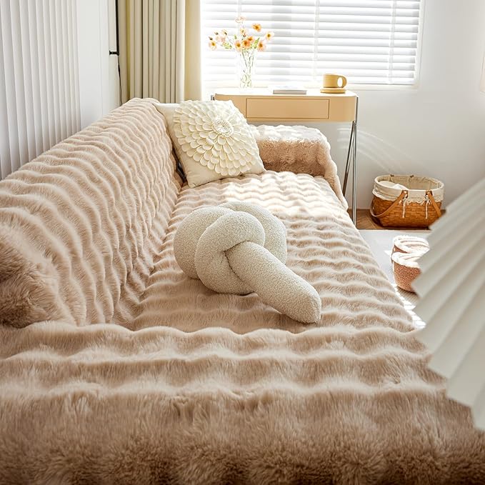 HANDONTIME Plush Sofa Slipcovers Washable Couch Cover for Sofa Super Soft Faux Fur Sofa Covers for 3 Couch Cousion Soild Khaki Rabbit Plush Couch Cushion Covers for Kids Pets, 71" X150"