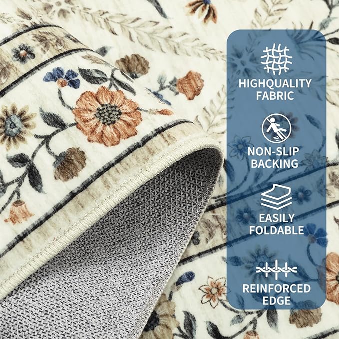 Floral Washable Entryway Rug Non-Slip 2x3 Front Door Mat Vintage Low-Pile Small Area Rugs Soft Non-Slip Indoor Stain Resistant Entry Mat for Entrance Bedroom Bathroom Beige
