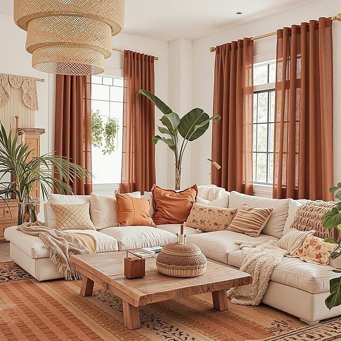 MYSKY HOME 90 Inches Long Curtains for Living Room Light Filtering Semi Sheer Curtains Bedroom Window Drapes Privacy Back Tab Farmhouse Rustic Boho Modern Country, Terracotta, 50" x 90", 2 Panels