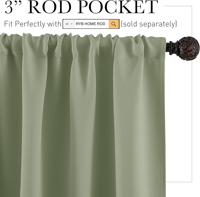 RYB HOME Basement Bathroom Kitchen Cafe Blackout Privacy Curtains, Short Insulating Light UV Heat Blocking Privacy Curtain Tiers for Laundry Room, Width 34 by Length 30, Sage Green, 2 Panels
