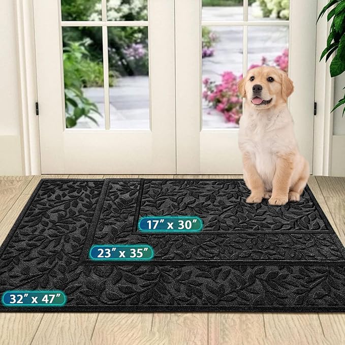 Bulijojo Sturdy Front Entrance Doormats,Durable Heavy Duty Welcome Mat,Thick Absorbent Natural Rubber Non Slip Mat,Easy Clean Entryway Mat Leaves Black, 47" x 32"