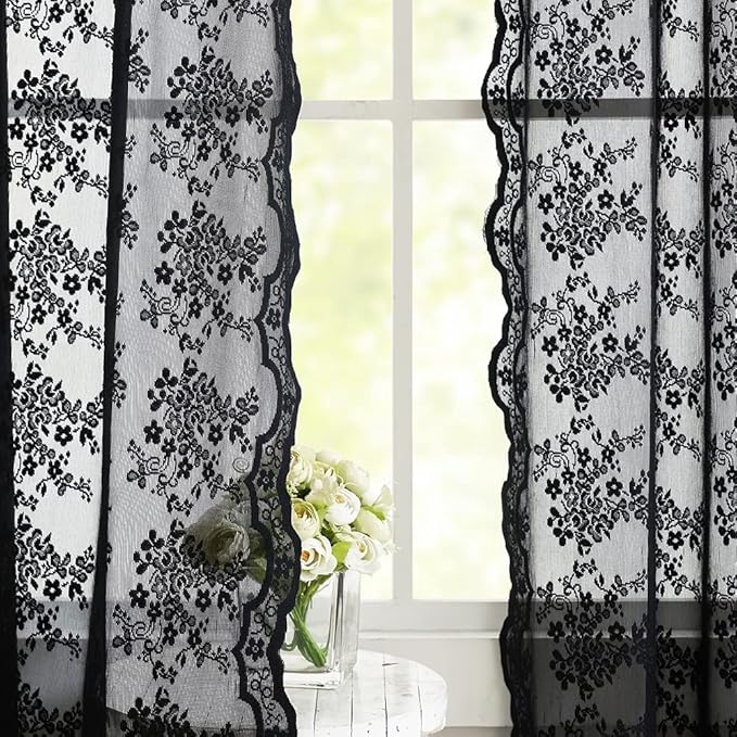 YJ YANJUN Vintage Lace Curtains 96 Inches Long Victorian Floral Gothic Black Sheer Curtains for Living Room Bedroom Halloween Goth Decor Rod Pocket 52W x 96L 2 Panels Black