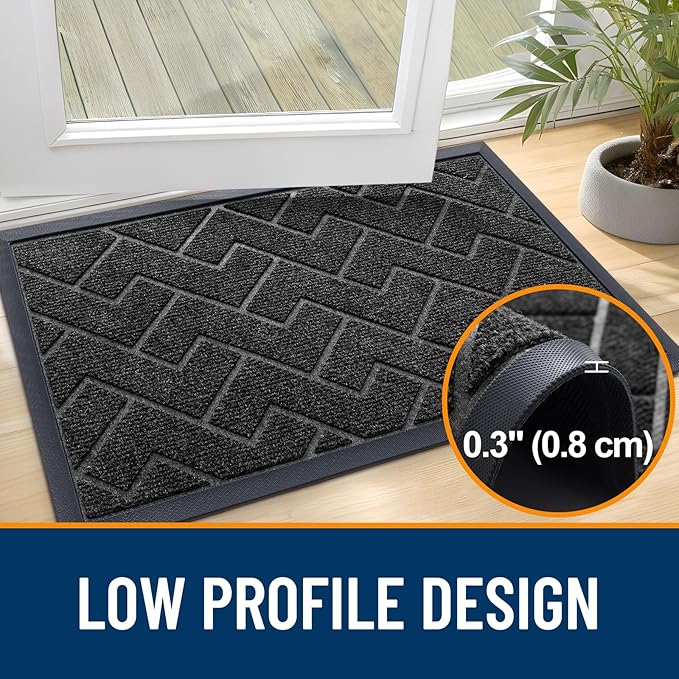 OLANLY Front Door Mat Indoor Outdoor Entrance, Waterproof All-Season, All-Weather Doormat, Sturdy Natural Rubber, Low Profile, Easy Clean Patio Porch Entryway Mat, Herringbone Brick (Black, 59x23)