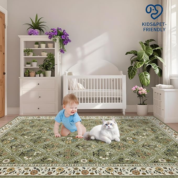 6x9 Machine Washable Area Rugs for Living Room Floral Stain Resistant Soft Carpet Vintage Low Pile Non Slip Non-Shedding Floor Carpet Rugs for Bedroom Nursery Green