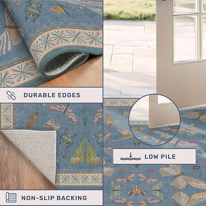 Blue 2x3 Kitchen Rugs Non Slip Washable, 0.25" Low Pile Stain & Fade Resistant, Waterproof Indoor Floor Mat for Entryway, Bathroom, Laundry Room, Boho Insect Floral Decor