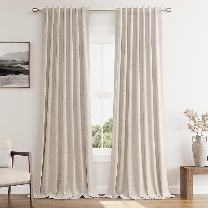 Guken Oatmeal 100% Blackout Curtains 102 Inch Length 2 Panels Set for Living Room Bedroom Back Tab Thermal Insulated Black Out Linen Drapes Room Darkening Window Curtains 102 Inches Long