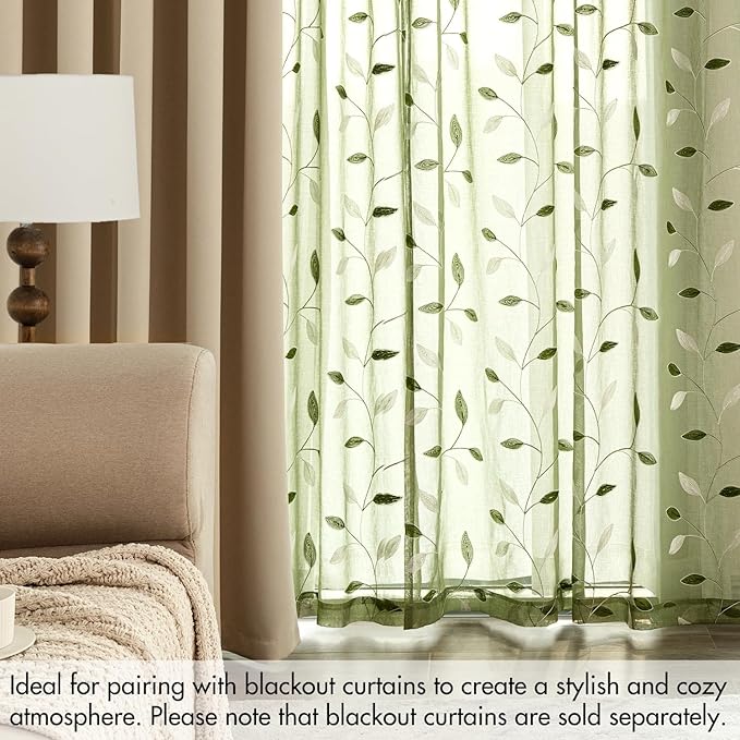 MIULEE Sage Green Sheer Curtains 2 Panels Embroidered Leaf Patterned Rod Pocket Floral Semi Sheer Faux Linen Window Curtains Drapes Set for Living Room Bedroom Dining Room, 52x63 Inches Length