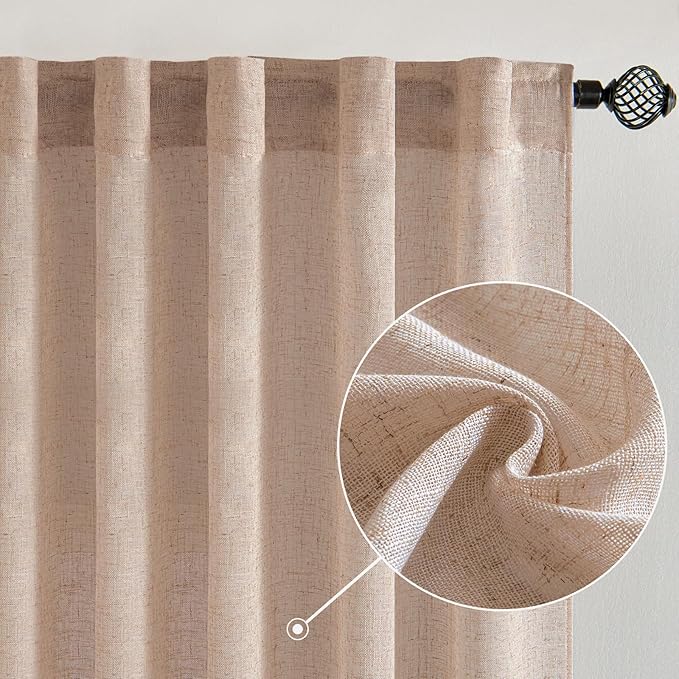 MIULEE Natural Beige Linen Curtains 63 Inch Length 2 Panels for Bedroom Living Room, Soft Linen Textured Window Drapes Semi Sheer Light Filtering Back Tab Rod Pocket Farmhouse Burlap Look Decor