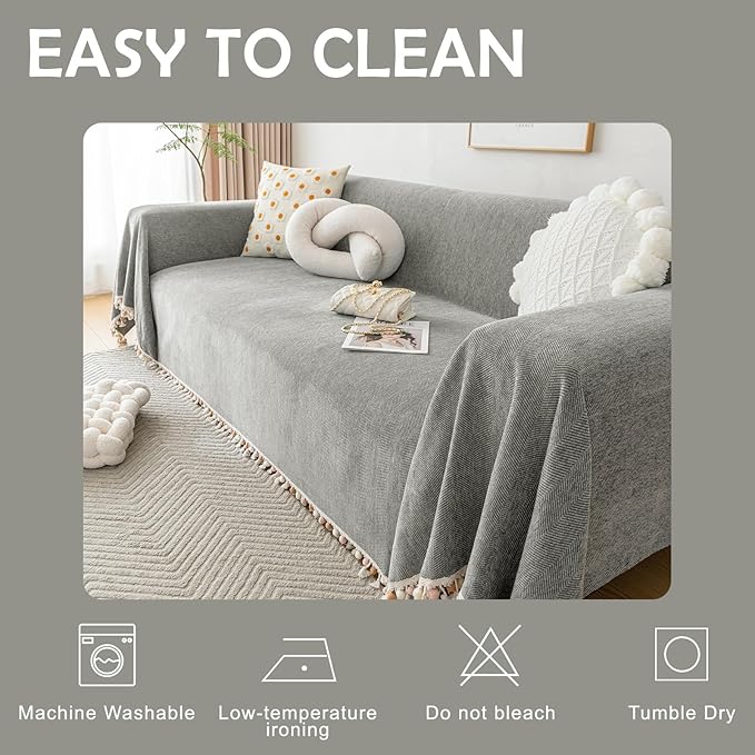 HANDONTIME Couch Slipcovers for Sofas Dark Grey Couch Cover Sofa Cover for Dogs Boho Pet Couch Protector with Tassel Chenille Herringbone Couch Cover for 2 3 Seat Washable Pet Friendly, 91" X134"
