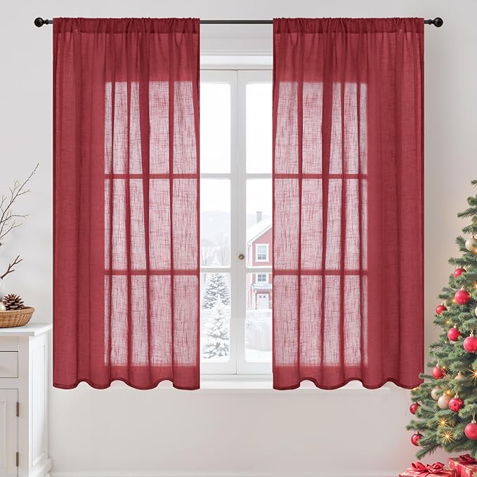 BGment Burgundy Linen Curtains 45 Inch Length for Short Kitchen Window, Rod Pocket Semi Sheer Drapes for Office Cafe Bathroom Decor Rustic Textured Lightweight Christmas, 2 Panels, Each 42 Inch Wide