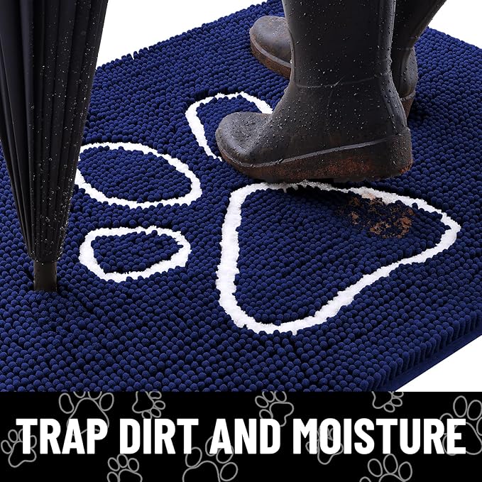 Smiry Dog Door Mat for Muddy Paws, Absorbent Dirt Trapper Non Slip Quick Dry Washable Chenille Mat for Mud Dogs, Entry Rug for Indoor and Outdoor (40x32 Inches, Navy Blue and White)