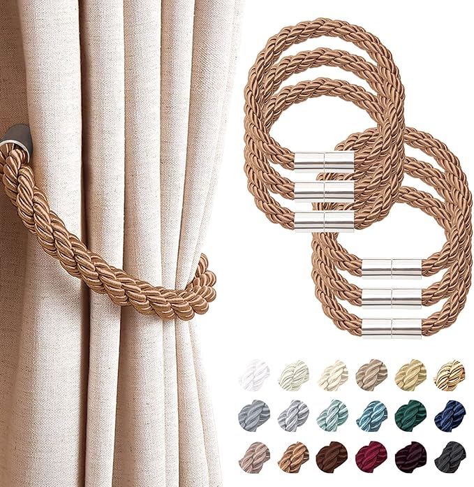 NICEEC 6 Pack Strong Magnetic Curtain Tiebacks Modern Simple Style Drape Tie Backs Convenient Decorative Weave Rope Curtain Holdbacks for Thin or Thick Home & Office Window Draperies (Light Coffee)