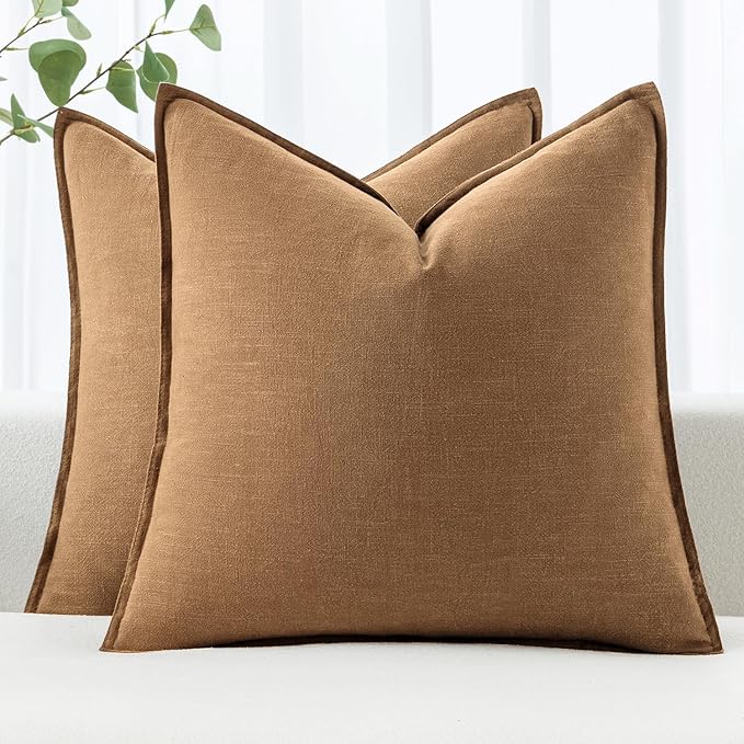 MIULEE Decorative Linen Pillow Covers 18x18 Inch Brown Boho Farmhouse Neutral Couch Throw Pillows for Bed Pack of 2 Accent Modern Pillowcase Sofa Livingroom Home Decor