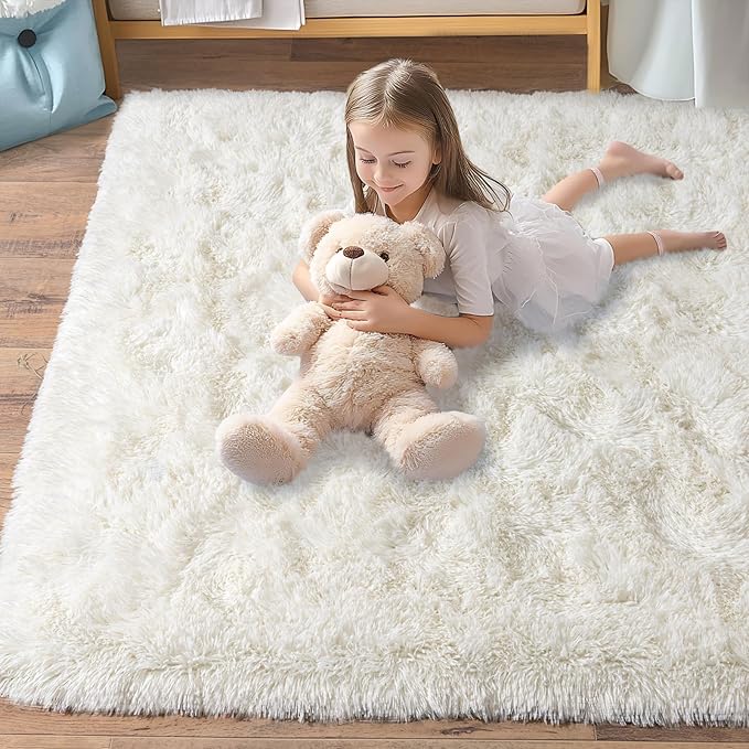 Pionblank 9x12 Area Rug, Large Area Rug for Living Room, Shag Rug for Bedroom, Soft Furry Non Slip Carpet for Kids Room Nursery Teens Dorm Home Decor, Cream White