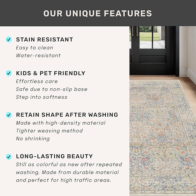 Vintage Beige Blue 2'6" x 8' Runner Rug for Hallway, Kitchen, Bathroom, Entryway Indoor, Washable Non Slip Rubber Backing Stain Resistant - Botanical Home Decor