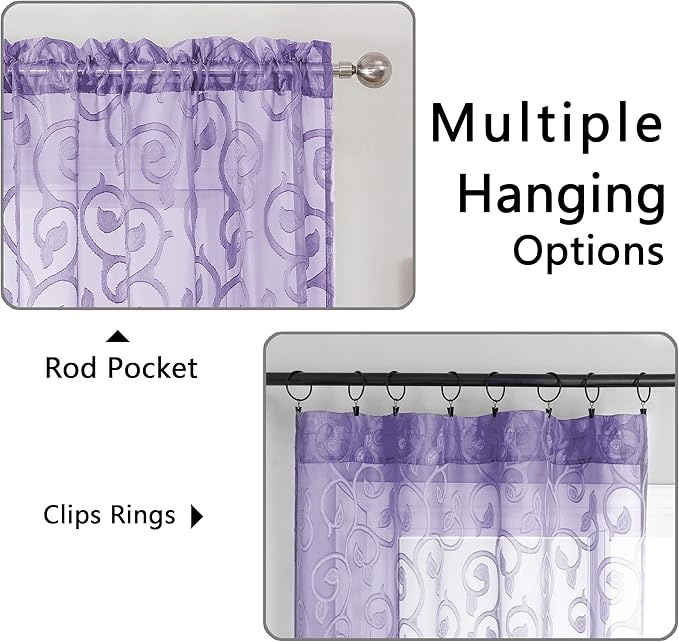 OWENIE Furman Sheer Curtains 63 inch Length for Bedroom Living Room 2 Panels Set, Jacquard Clip Textured Semi Sheer Curtains, Light Filtering Rod Pocket Farmhouse Darpes, 40Wx63L inch, Light Purple