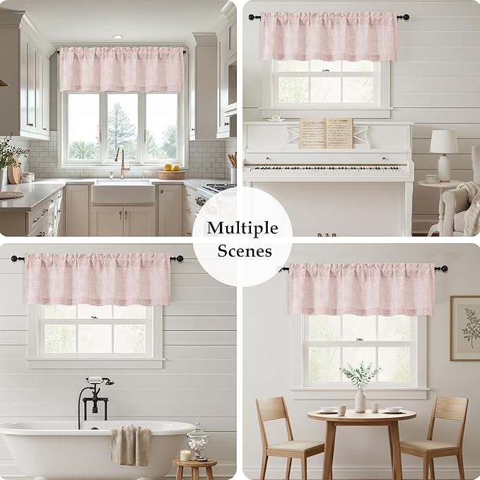 OWENIE Blush Pink Valances for Windows 1 Pcs, Light Filtering Textured Farmhouse Short Small Valance Curtains for Bathroom Basement Living Room, Rod Pocket Half Curtains for Windows, 60Wx12L Inch