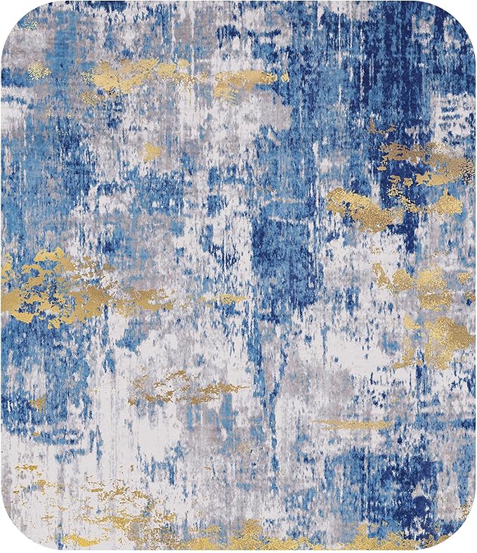Washable Area Rugs 4ft Non-Slip Modern Abstract Soft for Living Room Entryway Bedroom Nursery, Print Pattern, Grey Blue Gold/Golden