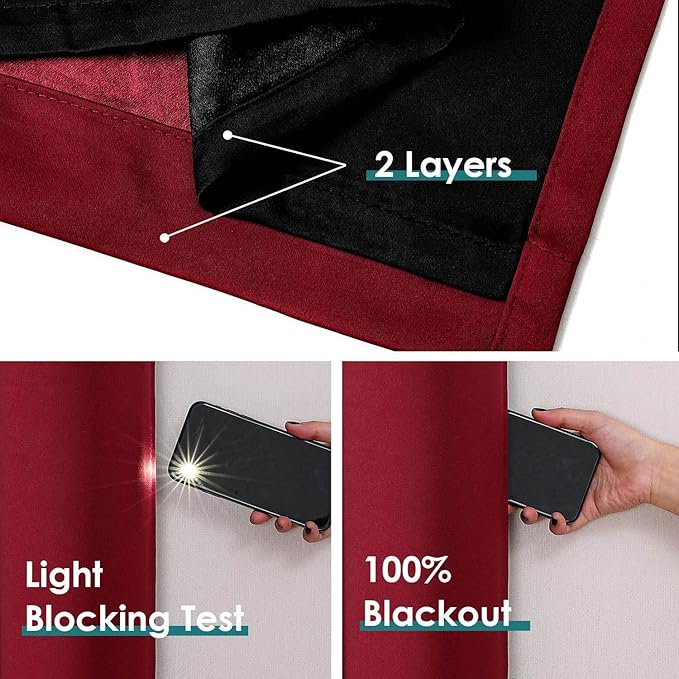 ChrisDowa 100% Blackout Curtains 78 inch Long for Bedroom with Black Liner, 2 Thick Layers Total Blackout Thermal Insulated Grommet Window Curtains 2 Panels Set (Burgundy, 42 x 78 Inch)