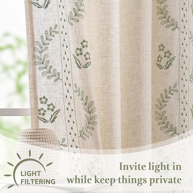 jinchan Belrose Linen Floral Kitchen Curtains 24 inch Length Embroidered Farmhouse Cafe Curtains for Living Room Bathroom Small Windows Curtain Set Sheer Light Filtering 2 Panels Sage Green