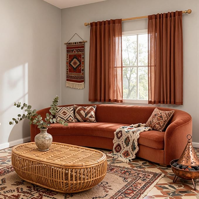 MYSKY HOME Sheer Linen Curtains 63 Inch Length for Bedroom, Light Filtering Privacy Drapes, Short Curtains for Small Window Back Tab Soft Touch Style Texture for Closet/Kitchen, Terracotta, 50"x63"