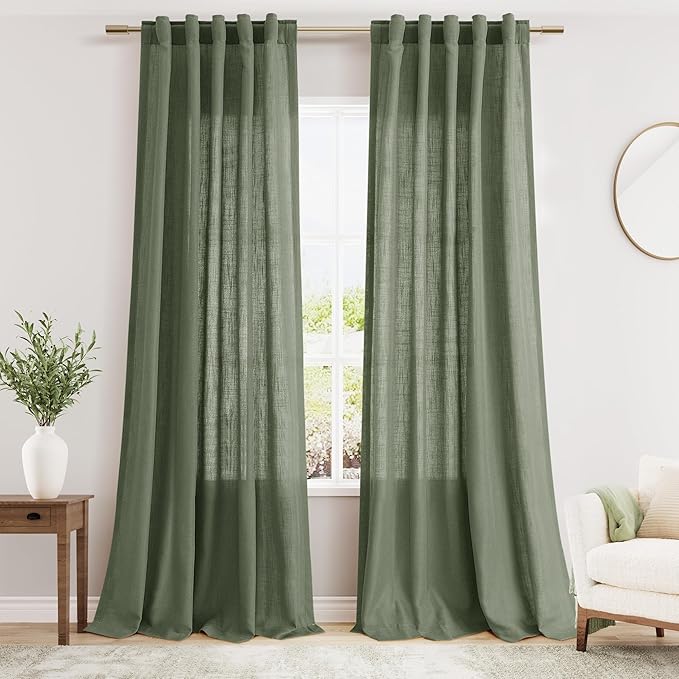 Olive Green Linen Curtains 102 Inches Long for Living Room 2 Panel Set Back Tab Rod Pocket Semi Sheer Curtains Light Filtering Burlap Extra Long Drapes Boho Farmhouse Decor for High Window 40x102