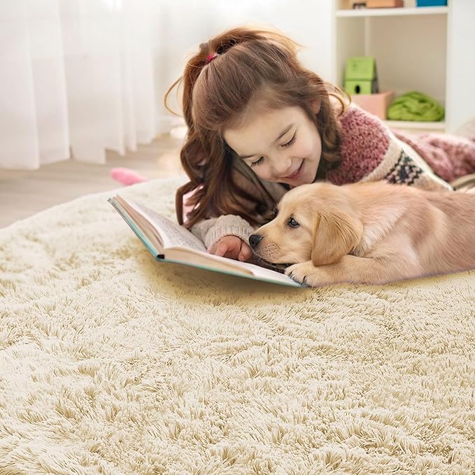 OLANLY Cream Round Rugs for Bedroom - Machine Washable, 4 ft Circle Area Rugs for Living Room, Soft and Fluffy Shaggy Carpet for Teen Girl and Boys, Nursery Rooms, Dorms, Home Decor Aesthetic