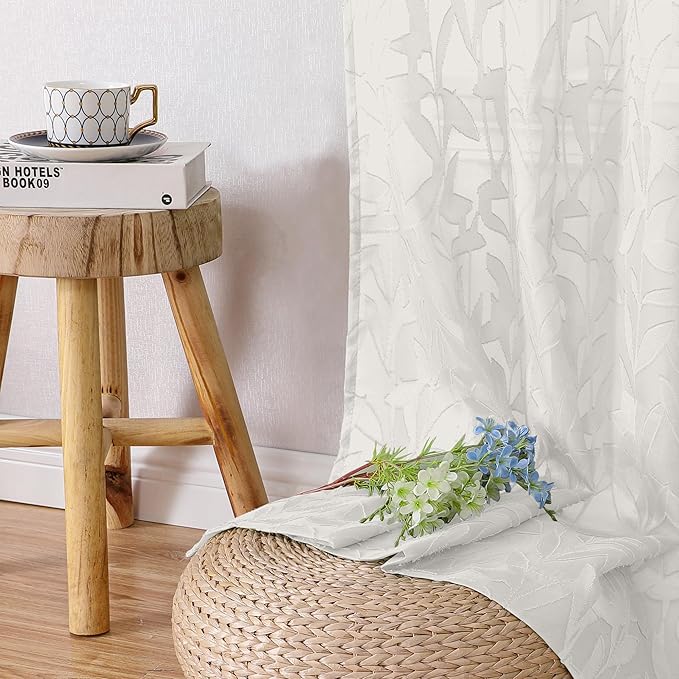 Lecloud Leia Living Room Ivory Sheer Curtains 72 Inch Length 2 Panels, Airy & Breathable Clip Textured Leaf Voile Bedroom Curtains, Dual Rod Pockets Jacquard Gauzy Window Drapes, 40 W x 72 L