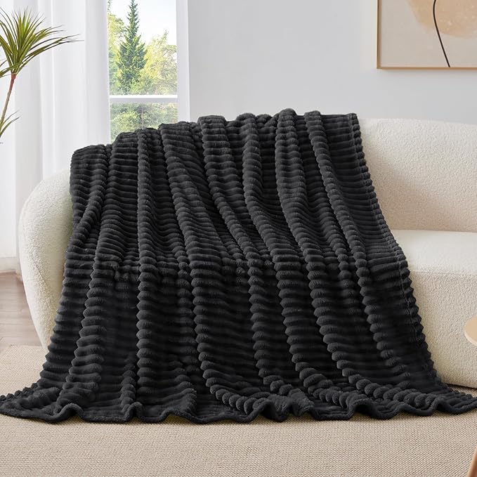 BEDELITE Twin Blanket for Couch & Bed, 300GSM Soft & Warm Fleece Blanket, Decorative and Giftable Striped Black Blankets for Women, Men, 60"x80"