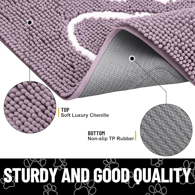 Smiry Dog Door Mat for Muddy Paws, Absorbent Dirt Trapper Non Slip Quick Dry Washable Chenille Mat for Mud Dogs, Entry Rug for Indoor and Outdoor (48x30 Inches, Deep Plum and White)