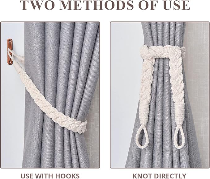 NICEEC 4 Pack Natural Cotton Rope Curtain Tiebacks Elegant Boho Style Decorative Drape Tie Backs Soft Hand-Woven Rope Curtain Holdbacks with Metal Hook for Home & Office Drapery (Beige)